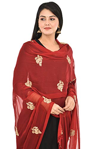 Image of YOUTHQUAKE Golden Patti Embroidered Work Chiffon Dupatta for Womens & Girls with Jaalar Lace