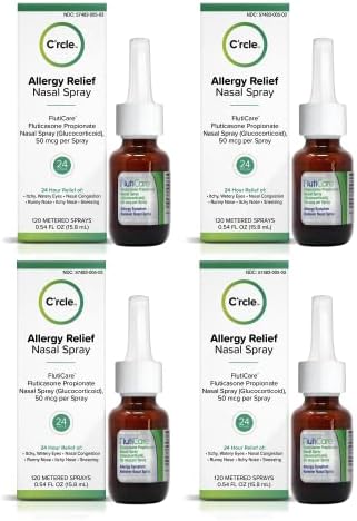 FlutiCare C’rcle 120 metered Nasal Sprays, Fluticasone Propionate 50mcg, Relief During Allergy Season from Pollen, Dust, Dander, Both Indoor and Outdoor allergens - 4 Month Supply (4 Pack)