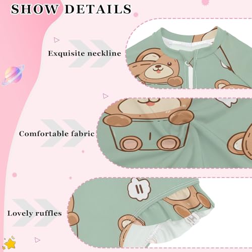 Girls One Piece Swimsuits Long Sleeve Swimsuit Zipper Bathing Suits Cute Teddy Bear Cup Green3