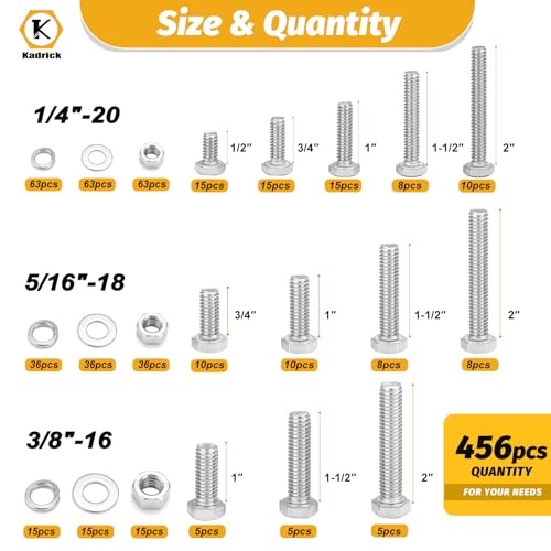 Image of Kadrick 456Pcs 18-8(304) Stainless Steel Hex Bolts Assortment,1 /4-20 5 /16-18 3 /8-16 Heavy Duty Bolts and Nuts Kit, Assorted SAE Bolts Nuts Flat&Lock Washers,Lenth Form 1 /2''-2''