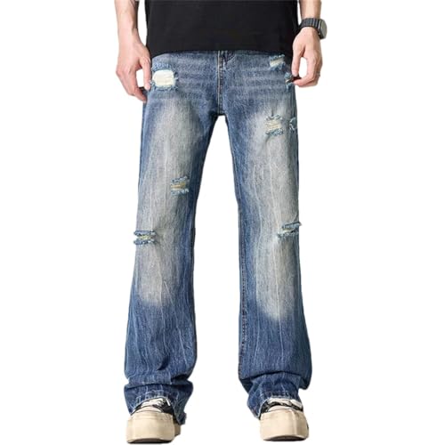 Men's Classic Ripped Striped Jeans Vintage Straight Jeans