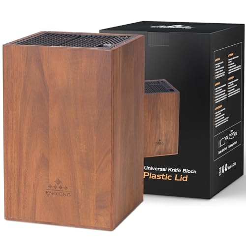ENOKING Porta Coltelli Cucina Con coperchio in Plastica, Portacoltelli da Cucina in Legno di Acacia, Ceppo Coltelli Vuoto di Alta Qualità per Coltelli/Bastoncini per Affilare