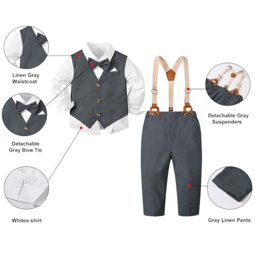 Image of SANGTREE Boys Suit Cotton Linen Formal Set Baby Boy Dress Clothes Gentleman Wedding Ring Bearer Outfits, 3 Months - 9 Years