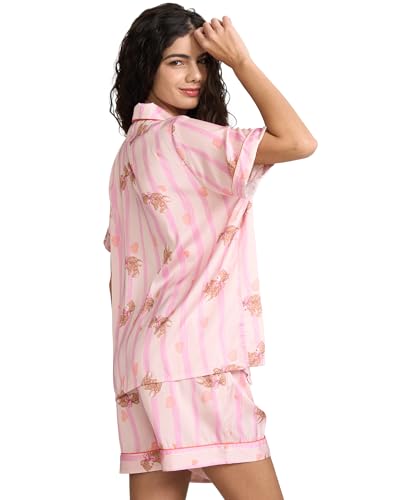 Image of YiNi LuLu Womens Silk Satin Shorts Pajamas Set Button Down 2 Piece Pjs Short Sleeve Oversized Sleepwear with Pockets