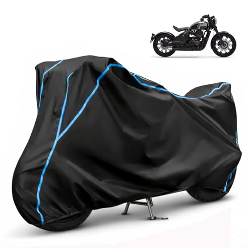 Image of Compatible with Jawa 42 Bobber Waterproof Two Wheeler Bike Body Cover Water Resistant, Heavy Duty, UV Rays, Dust & Scratch Protection for All-Modal & Variants (Black,Sky Blue Piping)