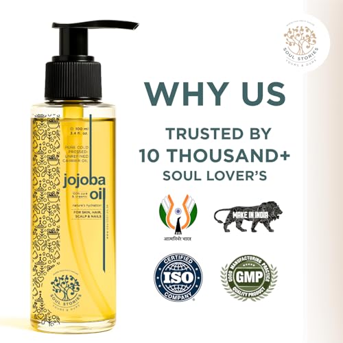 Image of Soul Stories Jojoba Oil 100ml | 100% Pure Cold Pressed Carrier Oil for Face, Hair & Skin | Helps Balance Oily & Acne-Prone Skin, Nourish Scalp & Support Healthy Hair | Rich in Vitamin E