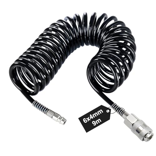 SRJQXH 9 m Druckluft Spiralschlauch Spiralförmige Kompressor Schlauch Durchmesser 6 x 4 mm Luftdruckschlauch schwarz Druckluft Schlauch mit Anschlussstück für Haushalt Werkstatt Autowerkstatt