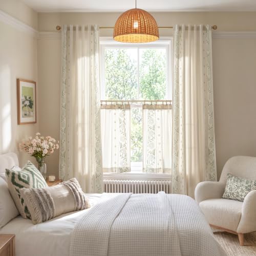 Image of jinchan Sage Floral Linen Curtains for Living Room 96 inch Back Tab 2 Panels