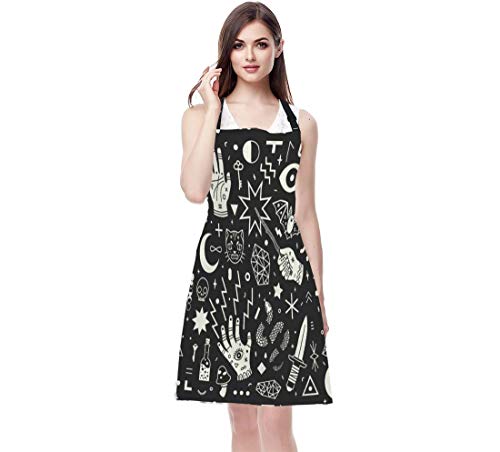 Ekobla Magical Witchcraft Aprons Hand Eyes Moon Skull Cat Bat Snake Dagger Mushroom Key Waterproof Resistant Chef Cooking Kitchen Bbq Adjustable Aprons For Women Men 27X31 Inch #TOP1