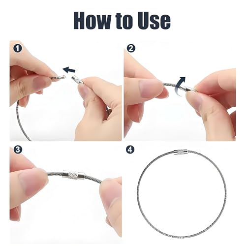 LONGHAO 8 Stück Pack Fahrradstahldrahtseil, Edelstahl Drahtseilring, Mehrzweck Kabelbinder Schlüsselring für Fahrradzubehör, Werkzeug & Outdoor,1,5x300mm (8, 1.5 * 300 mm)
