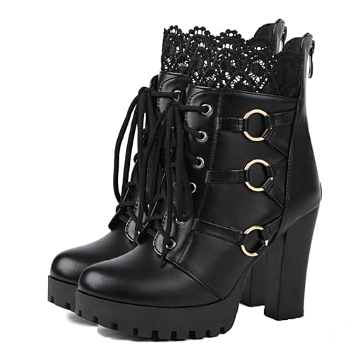 FOREADA Botas de plataforma para mujer, botas gruesas góticas, botines góticos con cuentas de encaje, zapatos de vestir Lolita con cremallera, Block Black B, 35.5 EU