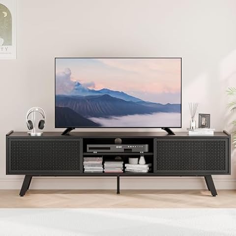 Black TV Stand for 65 70 Inch TV, Entertainment Center with Storage Cabinets, Iron Sliding Door & Adjustable Shelves, Mid Century Modern Media Console Table for Living Room, Bedroom Cover