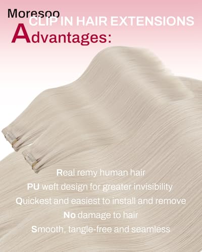 Image of Moresoo Seamless Clip in Hair Extensions, Platinum Blonde, PU Skin Weft | Clip in human hair extensions, 14inch 120g 7pcs, for fashion beginners and bold users, for high contrast modern clean look