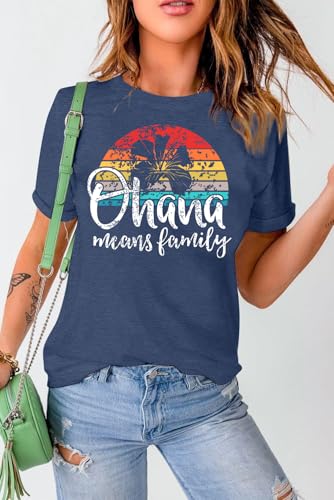 Image of Ohana Means Family Tshirt Women: Hawaii Tropical Graphic T-Shirt Summer Vacation Short Sleeve Tee Top
