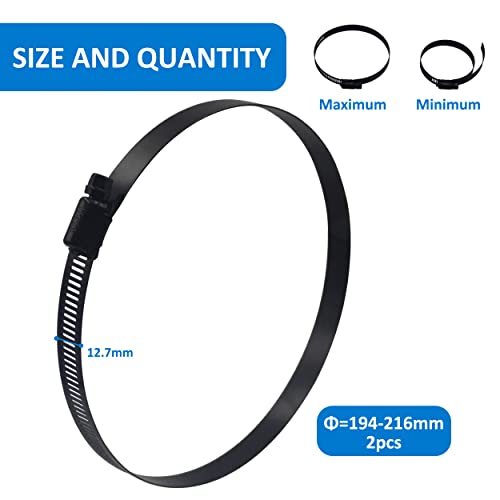 BESTYCHAO 2pcs 8 Inch Black Hose Clamp Stainless Steel Worm Gear Hose Clamp Adjustable 194-216mm Duct Clamps for Pipe Plumbing and Tube (Black) - Image 2