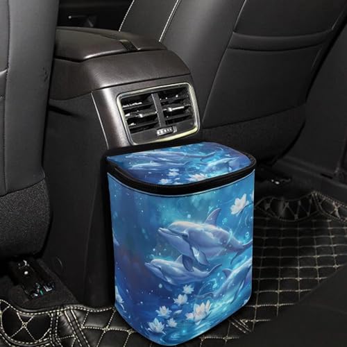 Image of DISNIMO Floral Dolphin Car Trash Can with Lid Leakproof Dustbin Vehicle Trash Bin, Portable Garbage Bin for Automotive Car, Home, Office, Kitchen, Bedroom