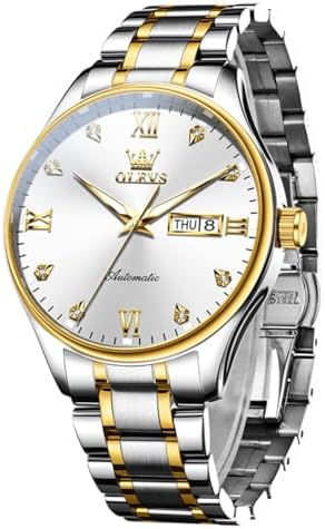 OLEVS Automatic Watches for Men Self Winding Diamond Stainless Steel Mechanical Waterproof Watch Two Tone Business Calendar Luminous Wrist Watch White Dial