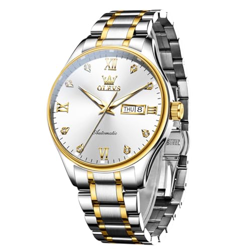 Image of OLEVS Automatic Watches for Men Self Winding Mechanical Wristwatch Luxury Business Dress Stainless Steel Luminous Waterproof Calendar Mens Watch