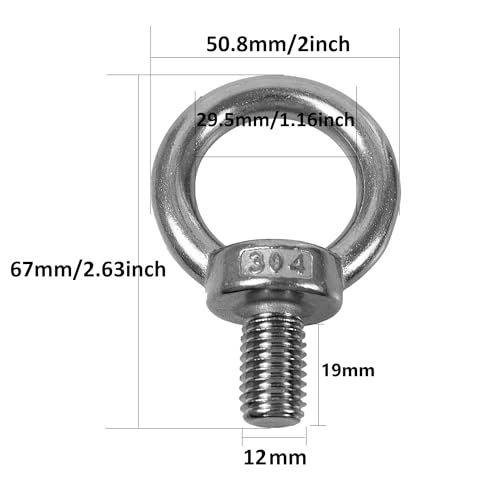 Image of 2PCS M12 Male Thread Eye Bolts, Stainless Steel Lifting Shoulder Eye Bolt, Heavy Duty Screw Ring Shaped Eye Bolt