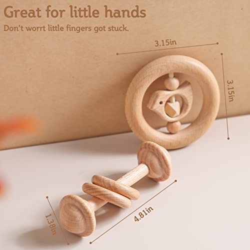 2Pc Set Wooden Rattle Toys Beech Wood Ring Montessori Bird Shape Grasping Toddler Toys #TOP5