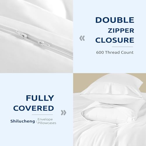 Shilucheng 100% Cotton Queen Size Duvet Covers - 600 Thread Count, Luxury Sateen Weave Egyptian Cotton Comforter Cover with Zipper Closure & Corner Ties,Hotel Bedding Duvet Covers 3 Piece (White)