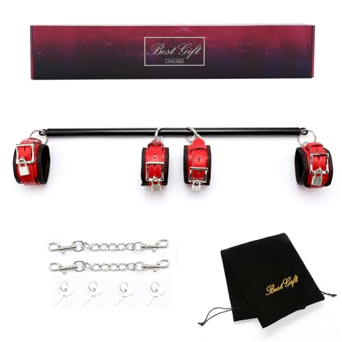 Spreader Bar Expandable Exercise Black Metal Spreader Bar with 4 pcs Red Leather Fur Adjustable Straps, Yoga Training Fitness Gear, Workout Bar,Gym Kit