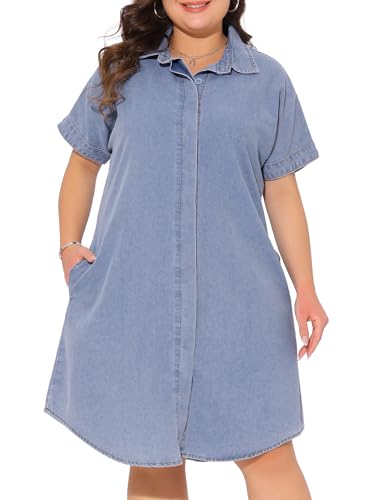Image of Agnes Orinda Plus Size Denim Dress for Women Short Sleeve Button Down with Pockets Midi Jean Denim Shirt Dresses