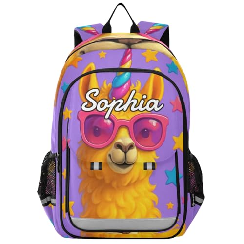CHIFIGNO Mochila personalizada para crianças, mochila escolar personalizada com nome, bolsa escolar personalizada, unicórnio de lhama engraçado roxo