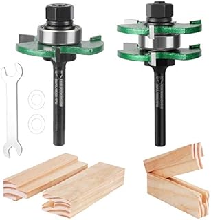 KOWOOD Pro Tongue and Groove Set of 2 Pieces 1/4 Inch Shank Router Bit Set 3 Teeth Adjustable T Shape Wood Milling Cutter