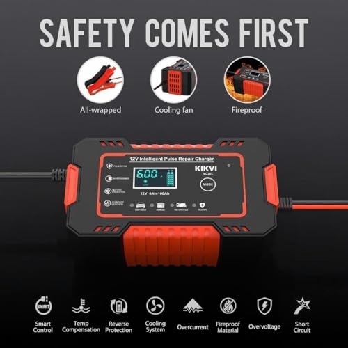 Image of Car Battery Charger, 12V 6A Smart Battery Trickle Charger Automotive 12V Battery Maintainer Desulfator with Temperature Compensation for Car Truck Motorcycle, Lead Acid Batteries