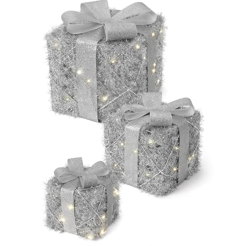 GAOMON Christmas Lighted Gift Boxes Set of 3, Battery Operated Light Up Present Box, Xmas Under Tree Decor, Different Sizes Pre-Lit Gift Boxes with Bowknot for Outdoor Indoor Christmas Decor, Silver