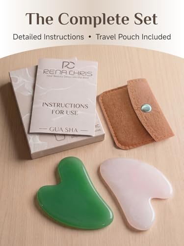 Image of Rena Chris 2PCS Gua Sha Facial Tools: Jade Stone Guasha Tool for Face Acupuncture Therapy, Facial Massager for Jawline Sculpting and Puffiness Reducing (Green & Pink)