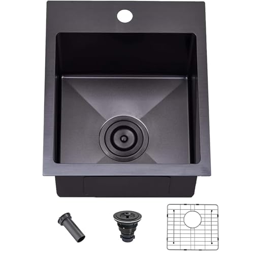 Image of 13x15 Inch Drop In Black RV Bar Sink, Stainless Steel Top Mount Gunmetal Black 16 Gauge Single Bowl Small Kitchen Outdoor Sink with Strainer Drain