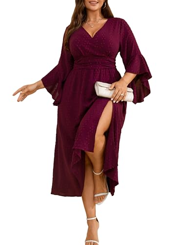 RWJ Women Plus Size Wedding Guest Maxi Dress Summer Wrap V Neck Ruffle 3/4 Sleeve Swiss Dot Slit Cocktail Dresses