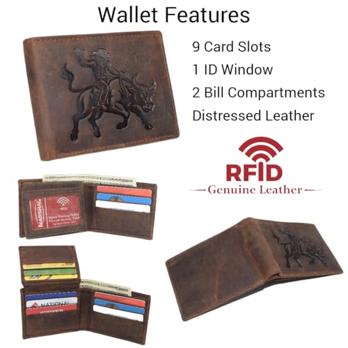 MARSHAL Western Rodeo Bull Rider Design Genuine Leather RFID Blocking Cowboy Bifold Wallet for Men (Brown)2