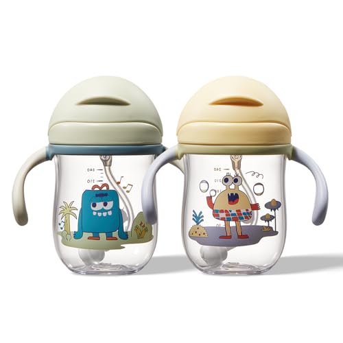Image of bc babycare 2 PACK Weighted Straw Sippy Cups for Baby, Drink from any Angle, Spill Proof Cups for Toddlers 1-3 with Handle,Leak Proof, Dishwasher Safe, Tritan, BPA Free 8oz(Yellow,Green), Medium