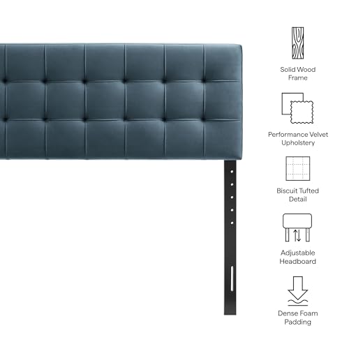 Image of Modway Lily Performance Velvet King Size Headboard with Biscuit Tufting in Cadet Blue - Stain-Resistant Upholstery with Padded Design and 5 Height-Adjustable Mounts