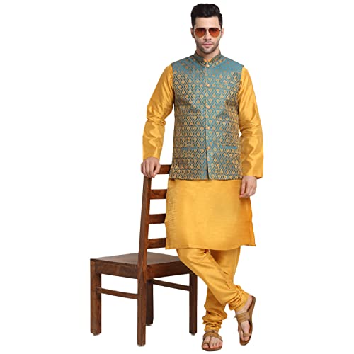 Image of KRAFT INDIA Mens Gold Silk Blend Kurta and Churidar Set With Jacquard Paisley Nehru Jacket