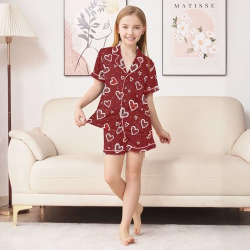 Love Simple Hearts Cartoon Summer Satin Pajama Set, Cute Button-Down Sleepwear Pj Set for Sleep Wears3