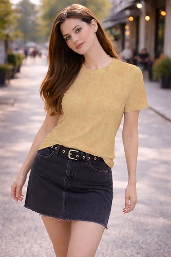 Image of London Hills Tshirt for Woman | Tops for Woman | t Shirt for Woman's Relaxed Fit Round Neck | Tops for Women Western Half Sleeve Melange Textured | Women top's | Women's tees | Women' t Shirt