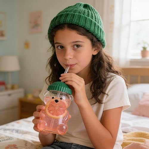 Image of New Glass Bear Straw Cup 600ML Cute Bear Glass Tumbler with Reusable Straw - Viral Animal Design for Smoothies, Boba & Iced Coffee (Green)