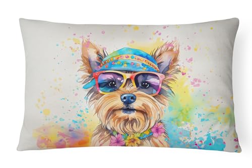 Caroline's Treasures DAC2577PW1216 Yorkshire Terrier Hippie Dawg Fabric Decorative Pillow Machine Washable, Indoor Outdoor Decorative Pillow for Couch, Bed or Patio, 12HX16W