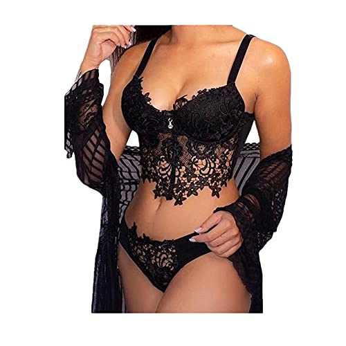 Betory Femmes Dentelle Sexy Lingerie Ensemble Broderie Soutien-Gorge sans Fil Lingerie Sexy String Ensemble sous-Vêtements Culotte Bretelles Babydoll Cover