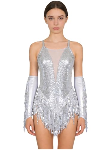 Costume danse latine femme avec leotard frangé à paillettes et dos en croix