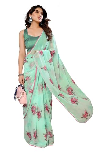 Image of ROOP SUNDARI SAREES Readymade Pleated Pre Drape Stitched Floral Printed Georgette Saree For Women's With Lace Border & Blouse(Ready To Wear One Minute)