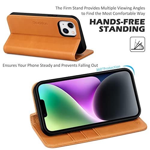 Shieldon Case For Iphone 14 Plus 5G 2022, Genuine Leather Durable Flip Wallet Kickstand Rfid Blocking Card Holder Case Magnetic Protective Case Compatible With Iphone 14 Plus 6.7" - Brown #TOP3