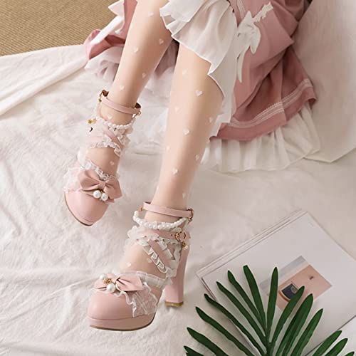 Image of FOREADA Lolita Shoes Platform Mary Jane Heels Kawaii Bow Lace Pearl Pumps | Vintage kawaii lolita styling ideal for dresses, with bead, lace, bow, ankle strap, pink, white and classic black colors