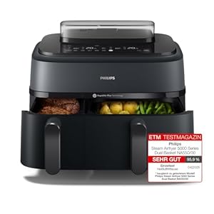 Philips Steam Airfryer Dual Basket 5000 Series, Heißluftfritteuse & Dampfgarer in einem Gerät, 9L 2 Körbe, RapidAir Plus Technologie, 19 Kochfunktionen, 90% weniger Fett, Dampfreinigung (NA550/00)