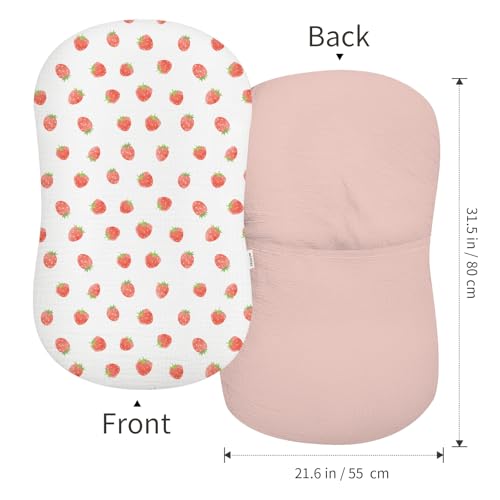Image of Muslin Baby Lounger Cover 2 Pack, Soft Breathable Newborn Lounger Pillow Cover for Boys Girls Infant (Strawberry & Pale Pink)