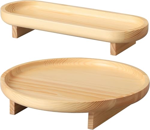 Image of Round Wooden Decorative Tray, 2 Pcs Tray for Coffee Table, Bathroom Vanity Tray, Kitchen Counter Tray, Rustic Wood Tray Decor, Round Serving Tray (Natural)
